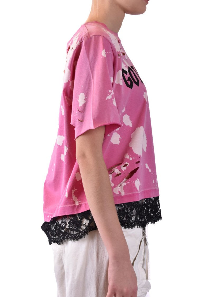 Dsquared2 Distressed Fuchsia Cropped T-Shirt Lace Trim
