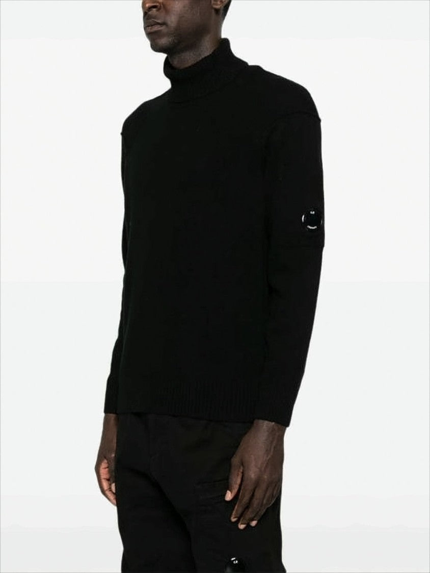 C.P. Company Ribbed High-Neck Black Sweater With Logo Patch
