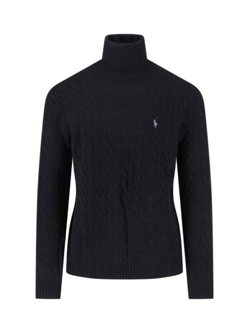 Polo Ralph Lauren Cable Knit Black Turtleneck Sweater With Embroidered Logo