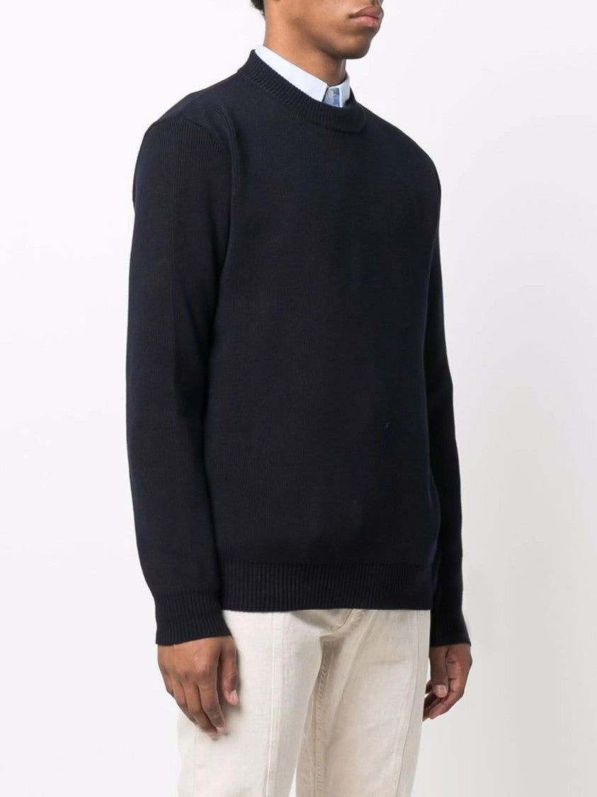 Golden Goose Dark Blue Ribbed Knit Sweater With Logo Patch