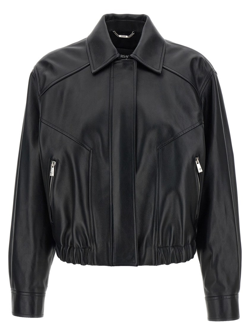 Versace Cropped Buffalo Leather Blouson With Structured Shirt Collar