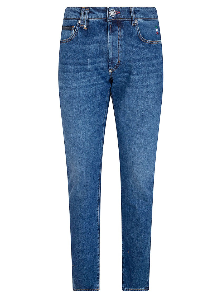 Philipp Plein Straight-Leg Blue Denim Jeans With Logo Patch