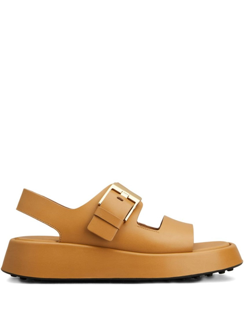 Tod's Beige Calf Leather Sandals With Polished Buckle