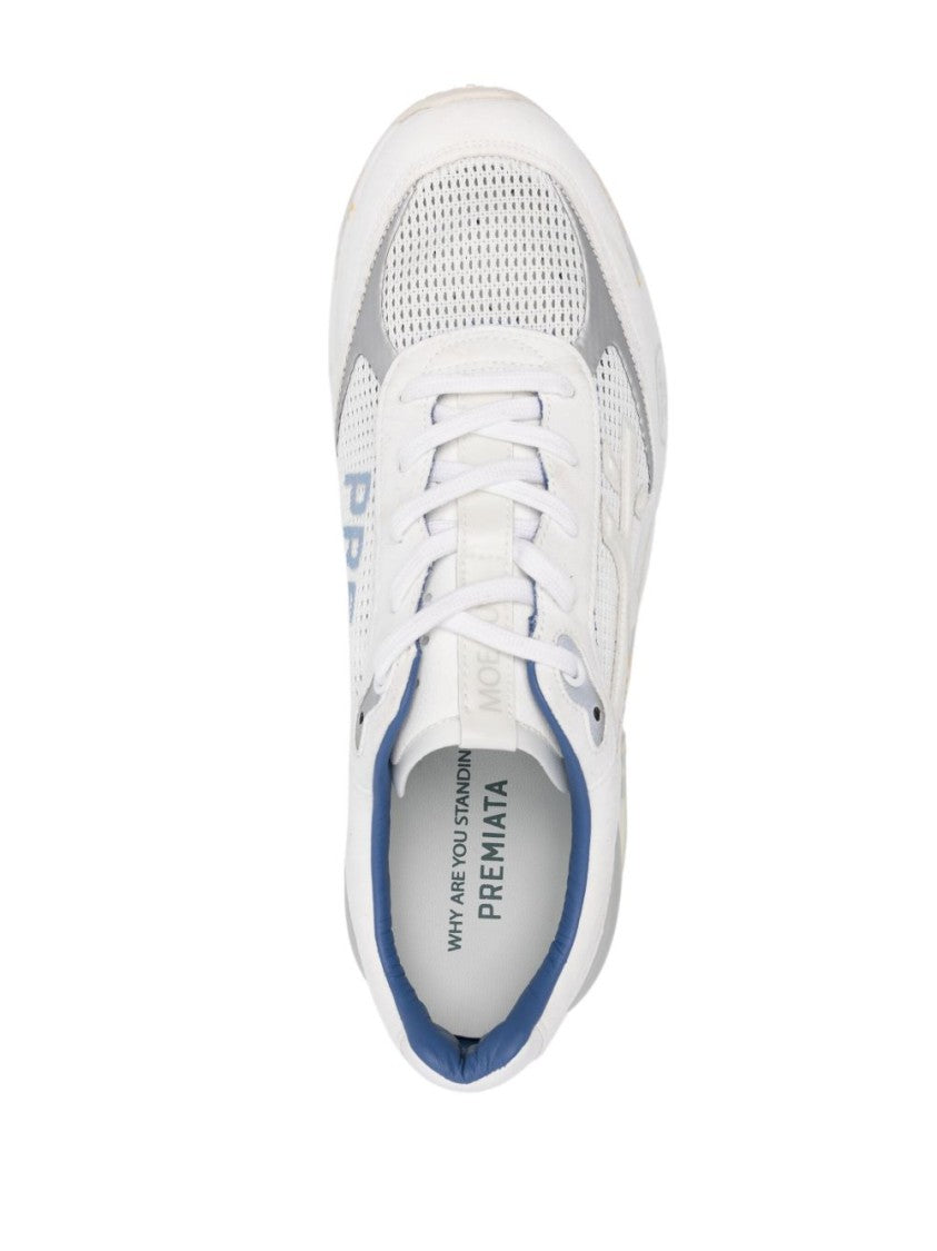 Premiata Technical Fabric Suede White Round-Toe Sneakers