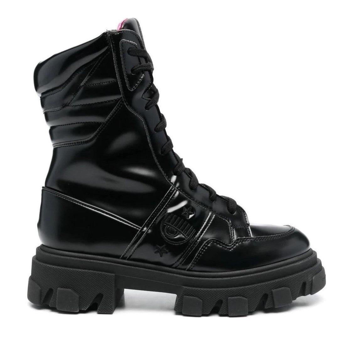 Chiara Ferragni Black Glossy Padded Collar Lace-Up Ankle Boots
