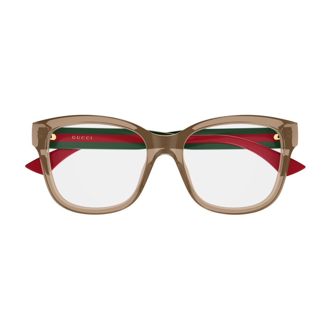 Gucci Translucent Light Brown Square Eyeglasses With Striped Temples