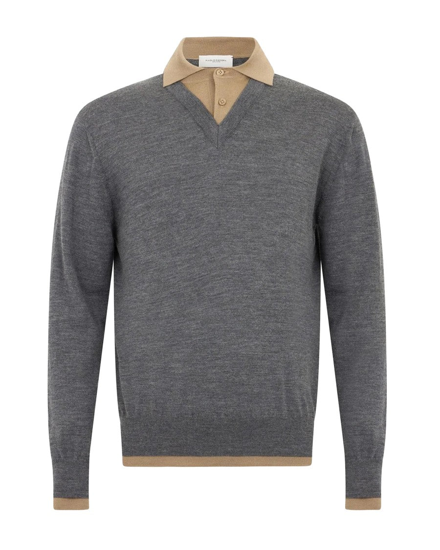 Paolo Pecora Grey Fine-Knit Extrafine Merino Wool Polo Sweater