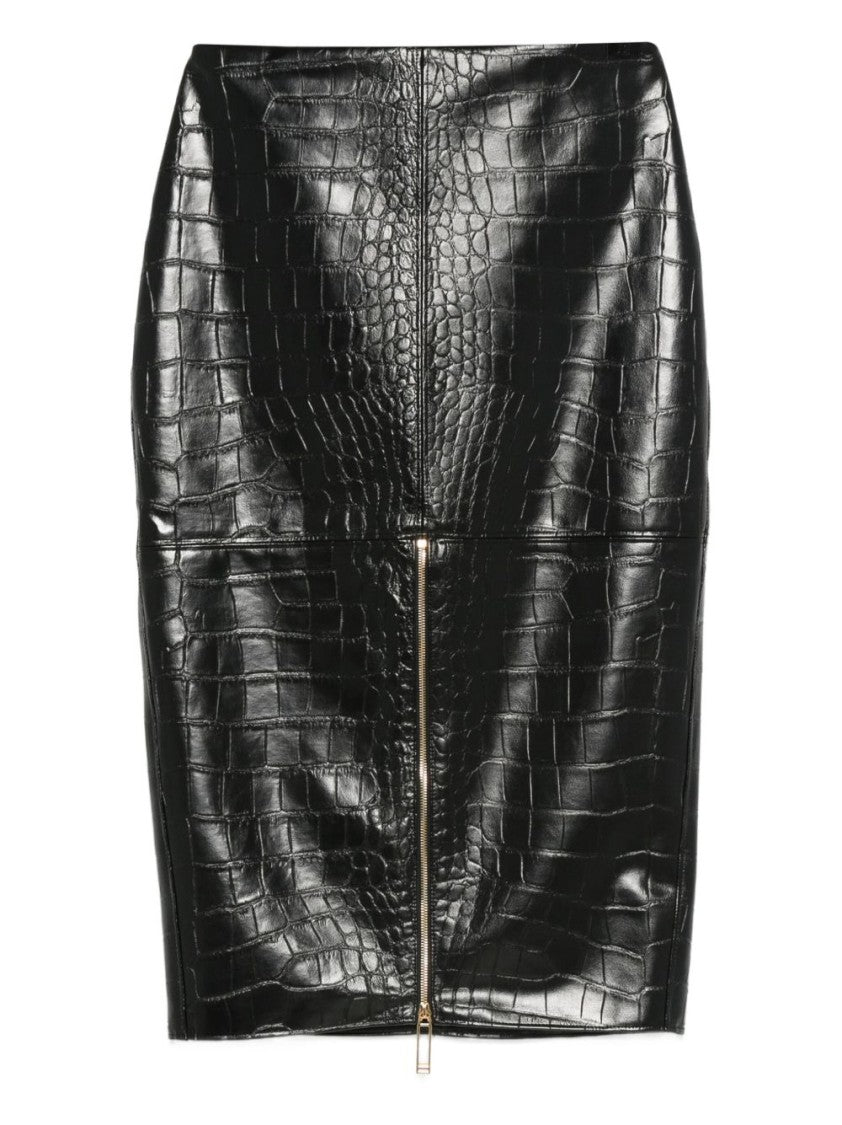 Elisabetta Franchi Crocodile-Embossed Black Midi Skirt