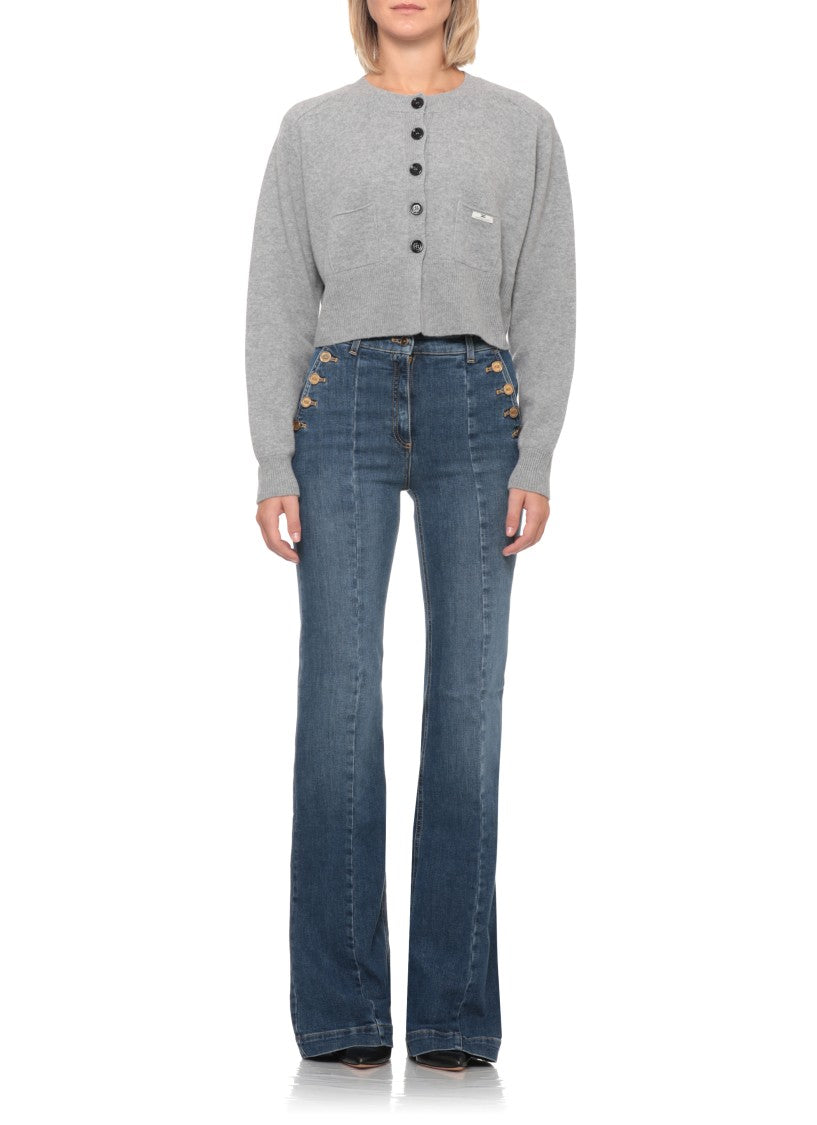 Elisabetta Franchi Grey Cropped Lacquered Buttons Wool Cardigan