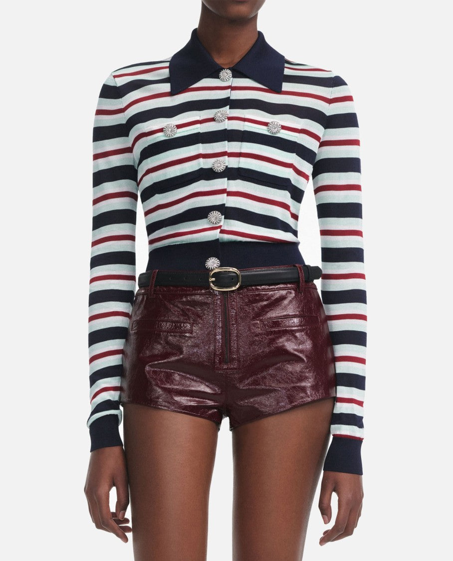 Self-Portrait Navy Striped Viscose Knit Top