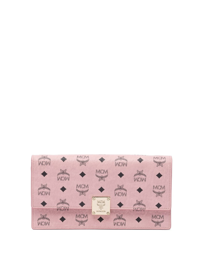 Mcm Rectangular Pink Clutch With Logo Pattern