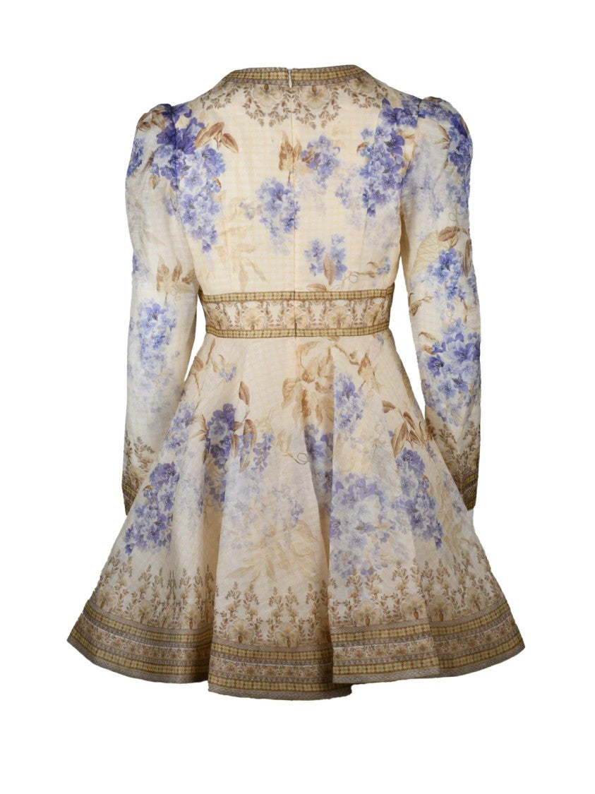 Zimmermann Floral-Inspired Mini Dress With Deep V-Neckline And Puffed Sleeves