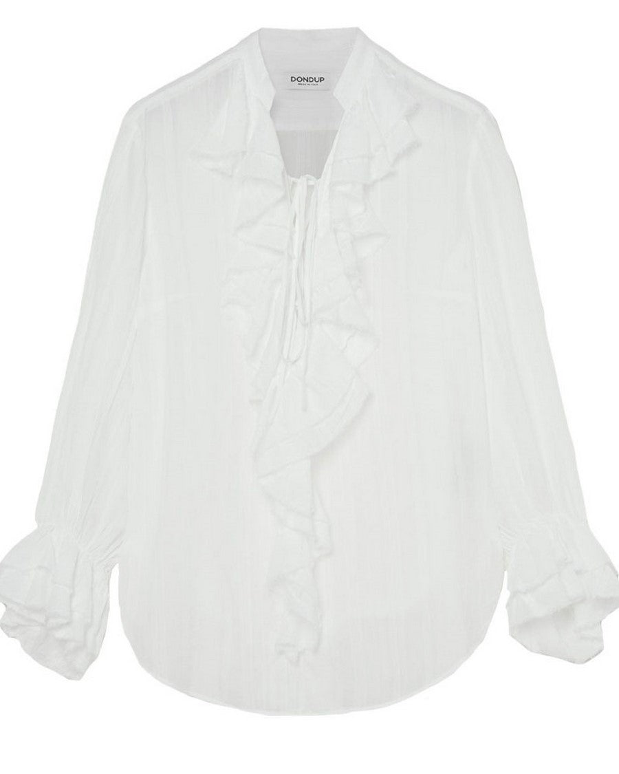 Dondup Semi-Sheer White Blouse Ruffled Tie Neckline