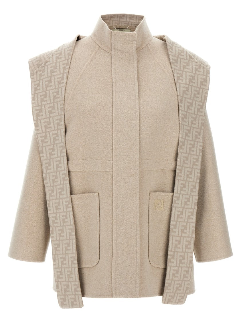 Fendi Beige Wool Parka With Removable Stole And Ff Monogram