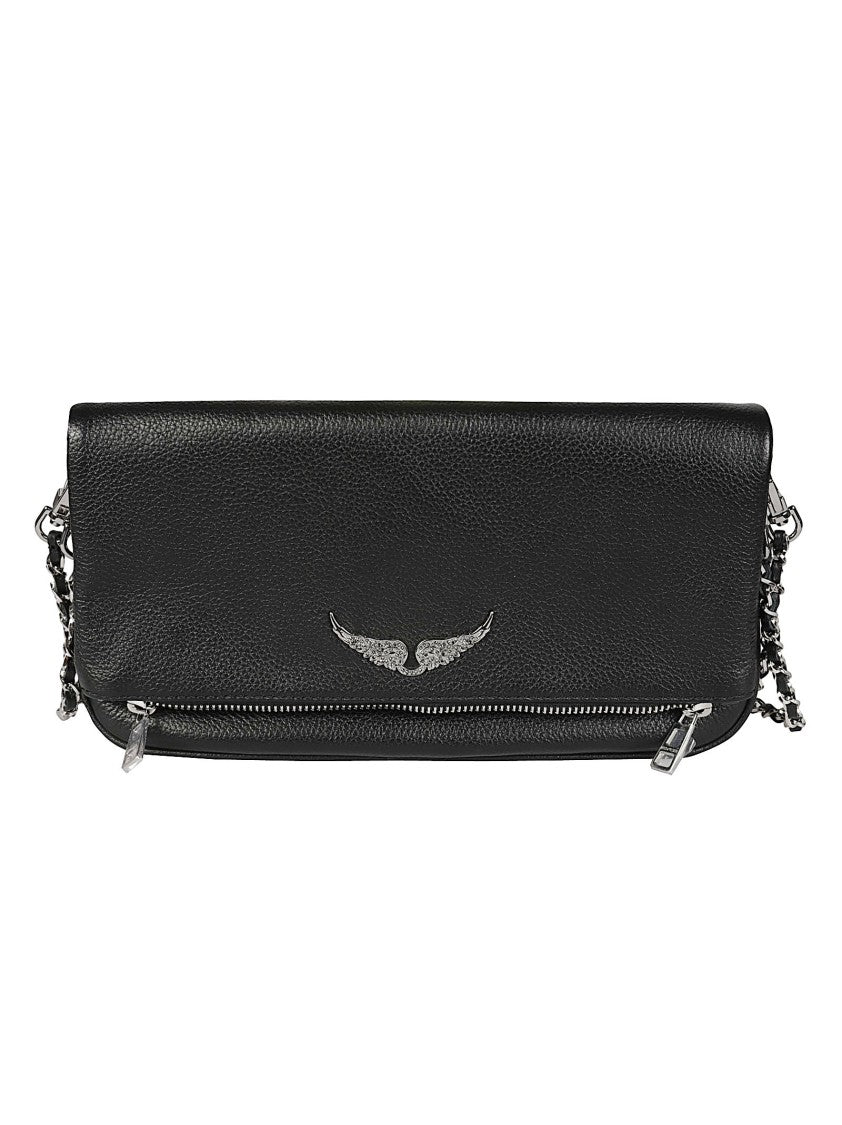 Zadig & Voltaire Rock Pebbled Leather Silver Wing Emblem Shoulder Bag