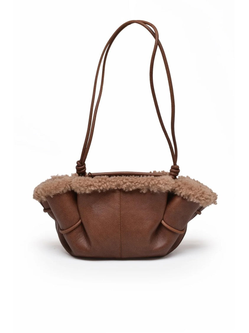 Hereu Brown Leather Shearling Trimmed Shoulder Bag