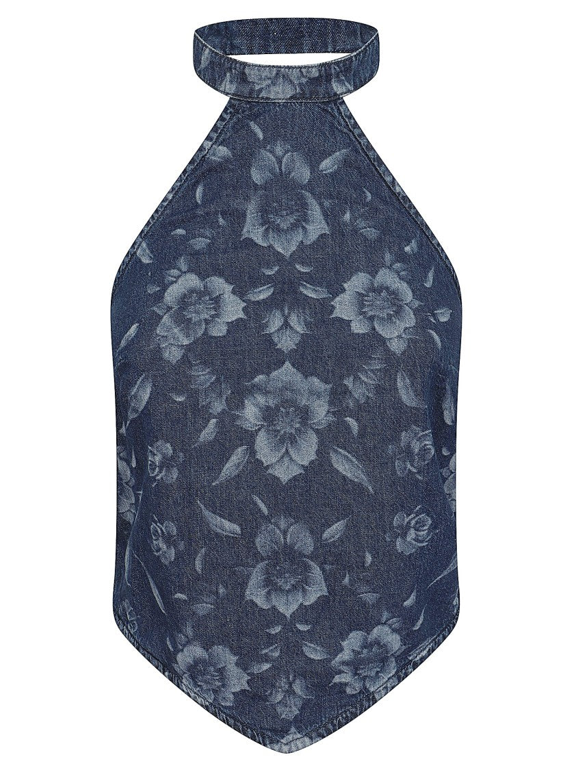 Pinko Lightweight Denim Halterneck Top With Floral Detail