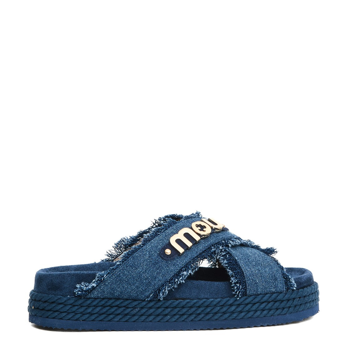 Mou Denim Cross-Strap Sandals With Rubber Platform Sole