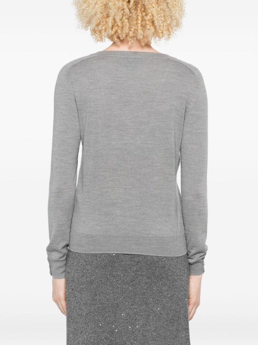 Liu Jo V-Neck Grey Sweater With Perforated Detailing