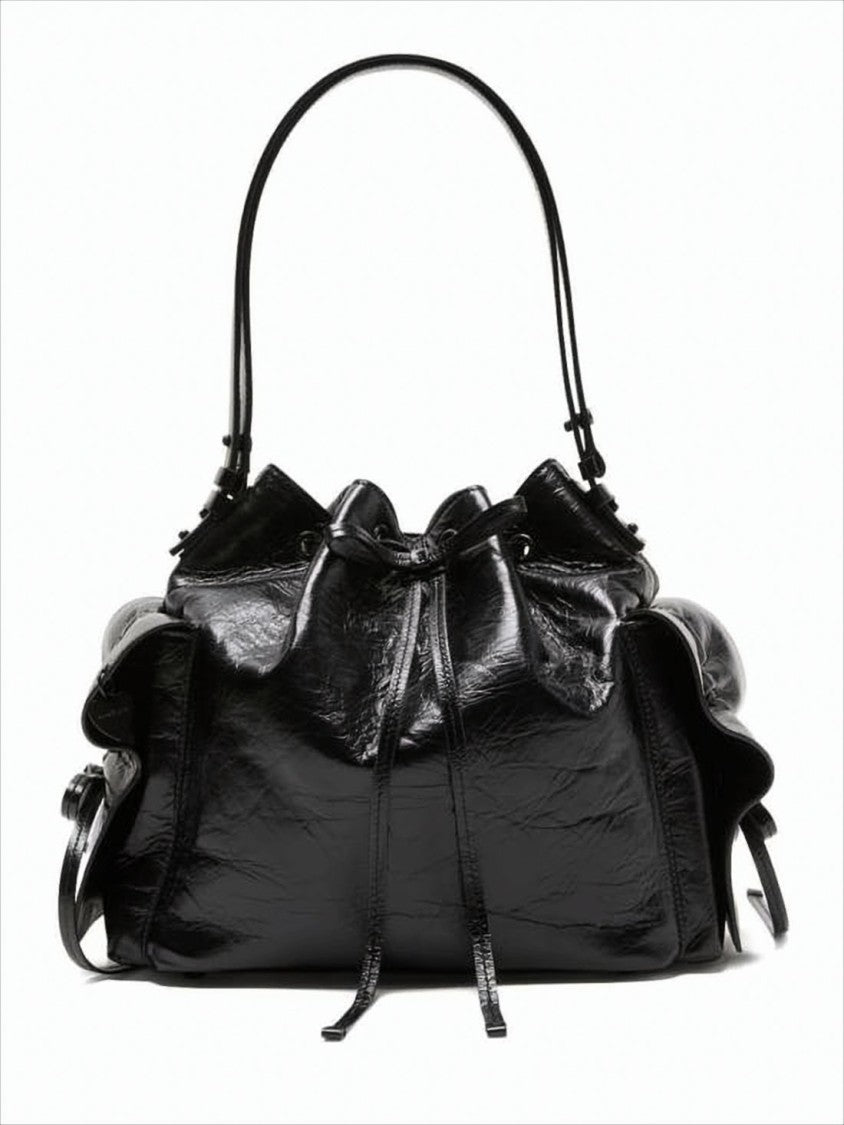 Acne Studios Glossy Black Calf Leather Shoulder Bag With Ruched Detail