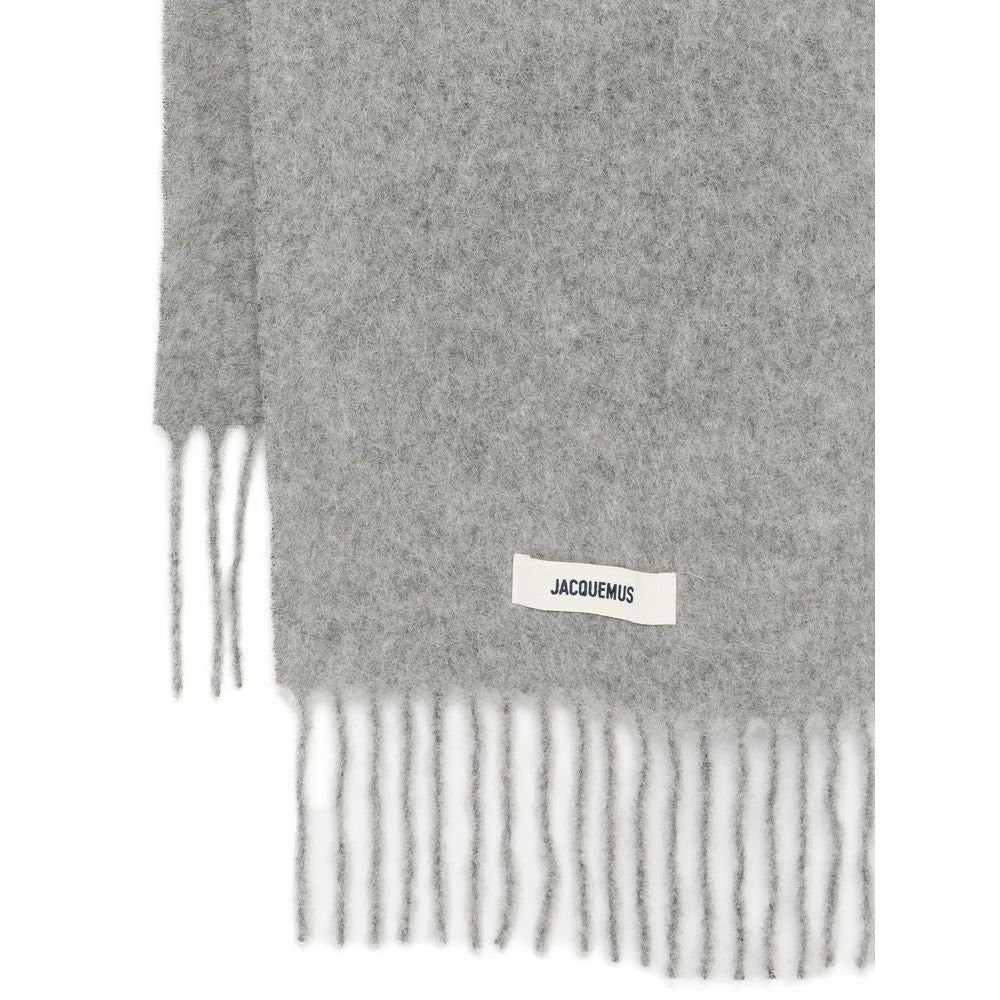 Jacquemus Heathered Grey Long Scarf With Fringed Ends And Label