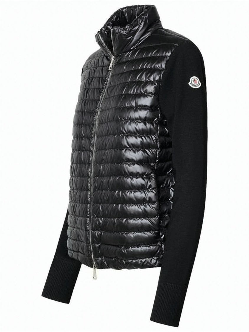 Moncler Shiny Quilted Nylon Puffer Jacket With Knit Sleeves