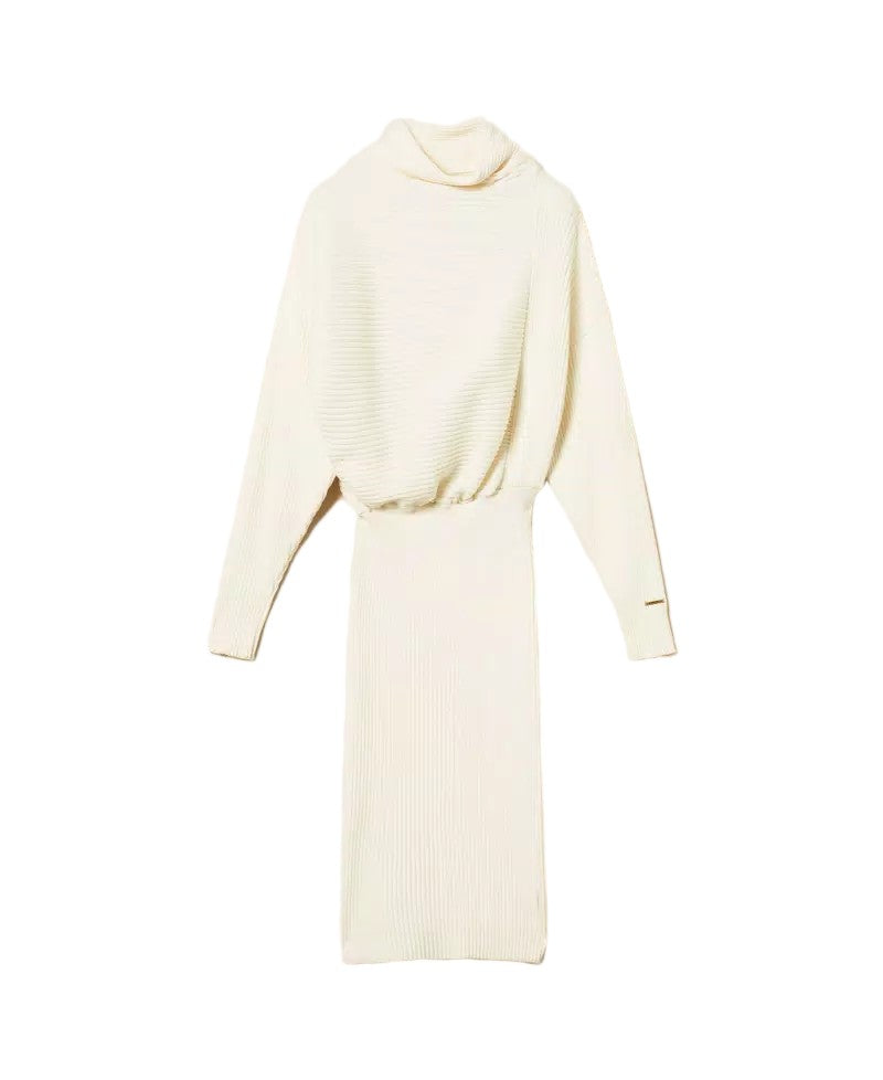 Twinset U&B Wool-Blend Ribbed Contrast Detail High-Neck Longuette Dress
