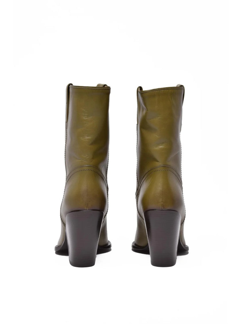 Elena Iachi Olive Green Leather Texan Ankle Boots