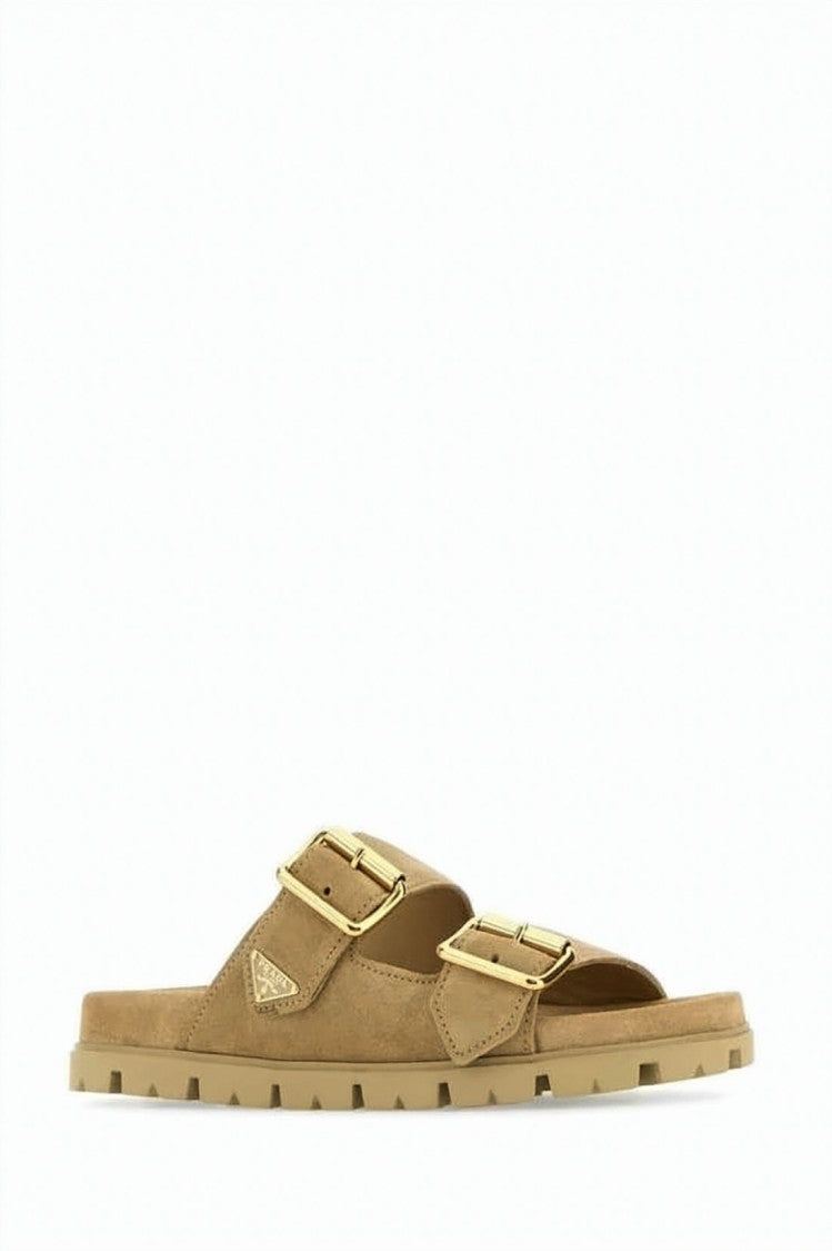 Prada Suede Slide Sandals With Adjustable Straps And Gold-Tone Buckles
