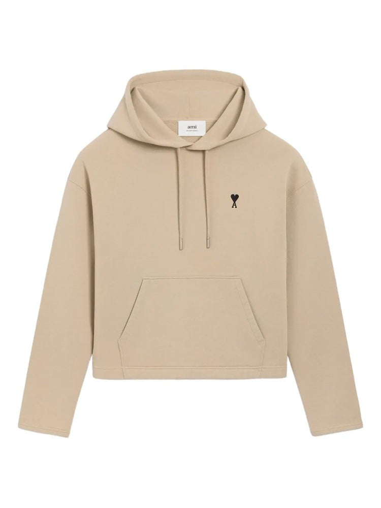 Ami Paris Cropped Beige Hoodie With Contrasting Heart Emblem