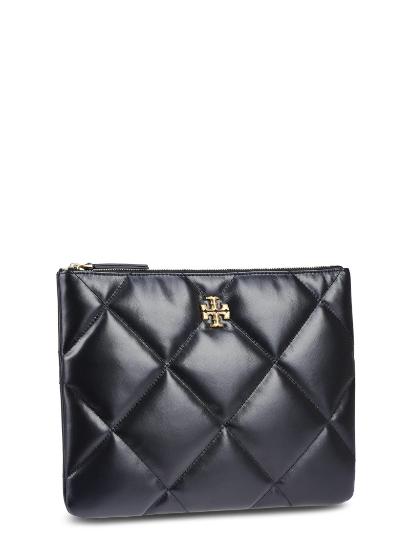 Tory Burch Diamond Quilted Black Pouch With Glossy Finish