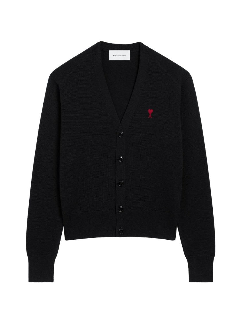 Ami Paris Cropped Black V-Neck Cardigan With Button-Down Front