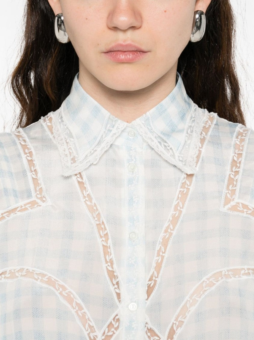 Ermanno Scervino Light Blue Silk Shirt With Sheer Panels And Lace Trim