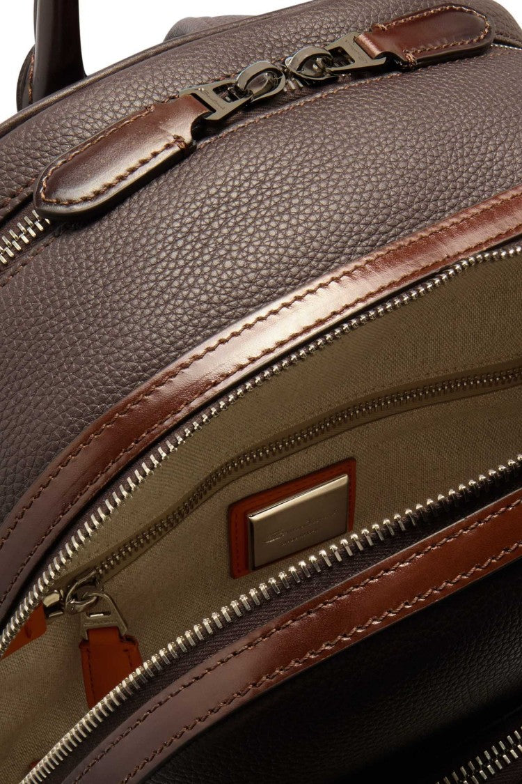 Santoni Artisanal Brown Leather Backpack With Dual Compartments