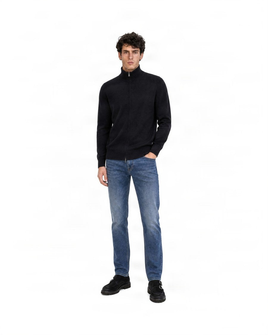 Boss Black Stand Collar Zip-Up Virgin Wool Sweater