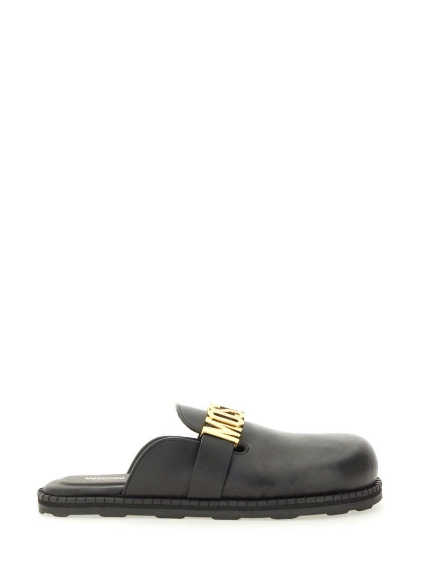 Moschino Black Leather Sabot Flats