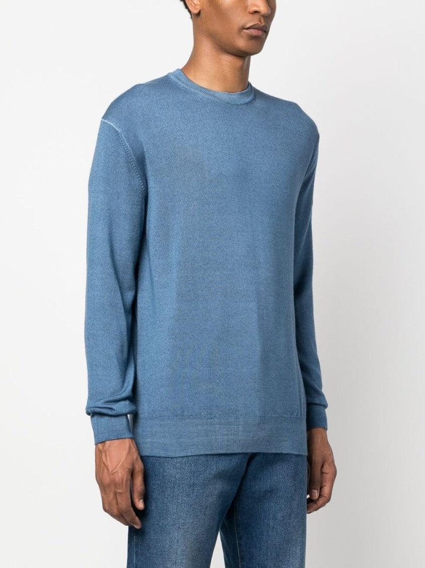 Paul & Shark Muted Blue Crew Neck Wool Sweater With Ribbed Cuffs