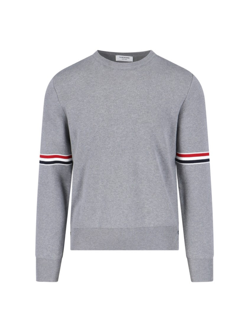Thom Browne Grey Cotton Crewneck Sweater With Tricolor Grosgrain Highlights