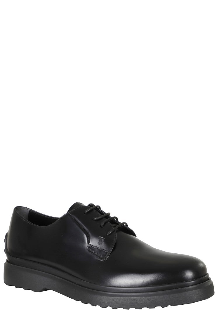 Tod's Black Embossed Logo Laces Rubber Sole Leather Loafers