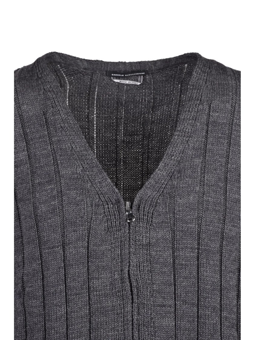 Daniele Alessandrini Grey Wool-Blend Zip V-Neck Cardigan