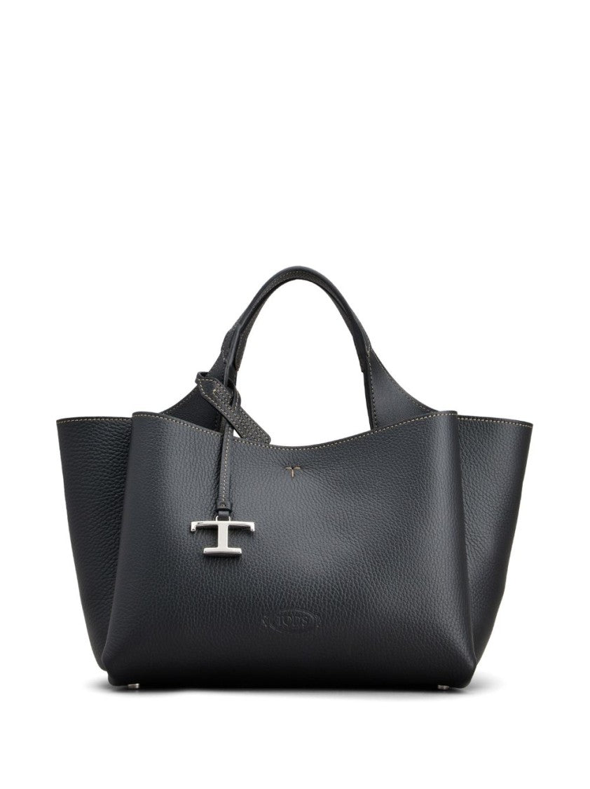 Tod's Black Grained Leather Debossed Logo Tote