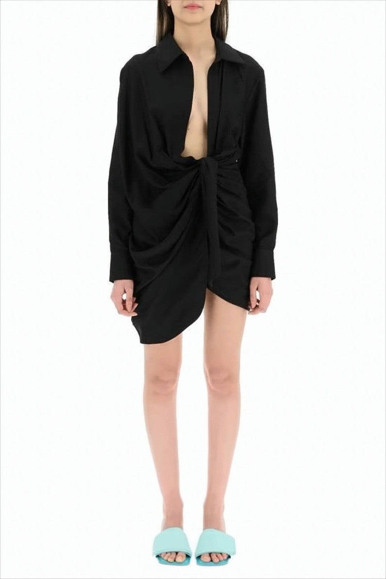 Jacquemus Ruched Midi Dress With Deep V Neckline