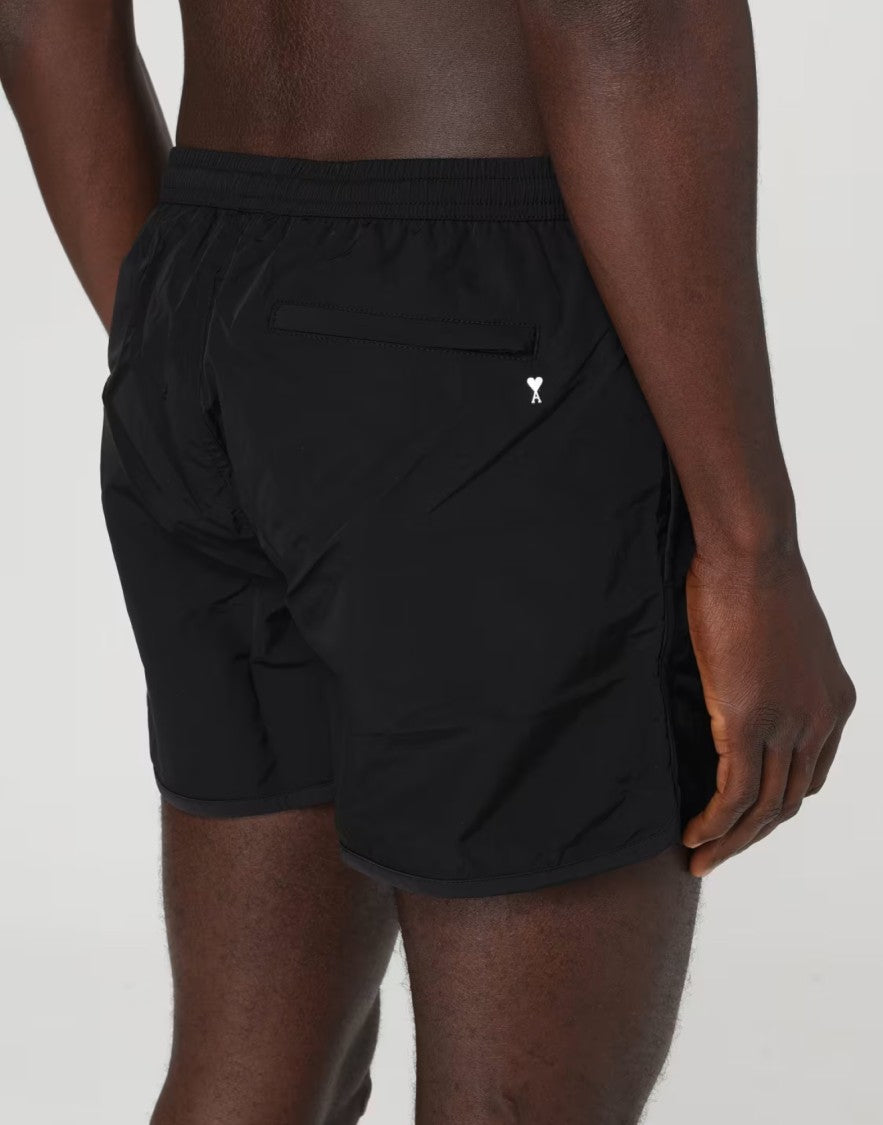 Ami Black Swim Shorts With Logo Plaque Detail
