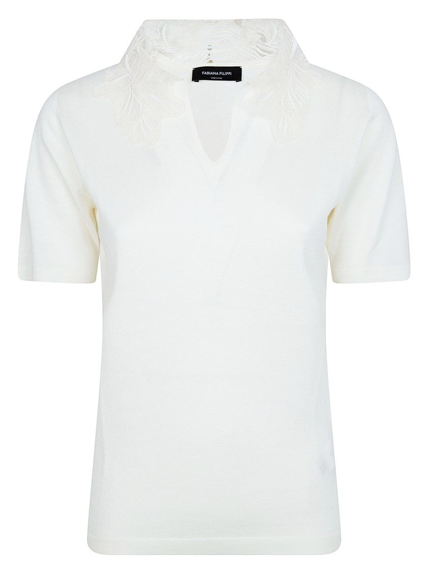 Fabiana Filippi V-Neck Top With Delicate Lace Collar