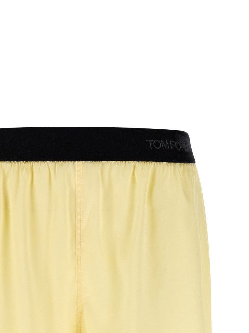 Tom Ford Pajama-Style Silk Shorts With Velvet Logo And Side Slits