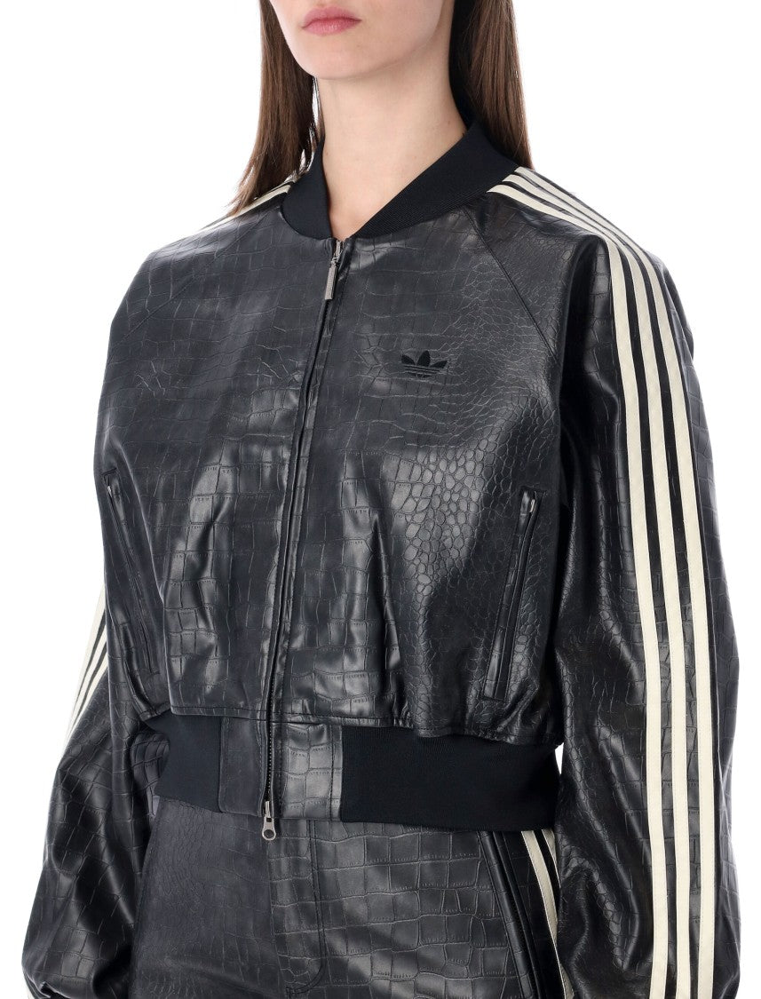Adidas Originals Black Faux Leather Cropped Bomber Jacket