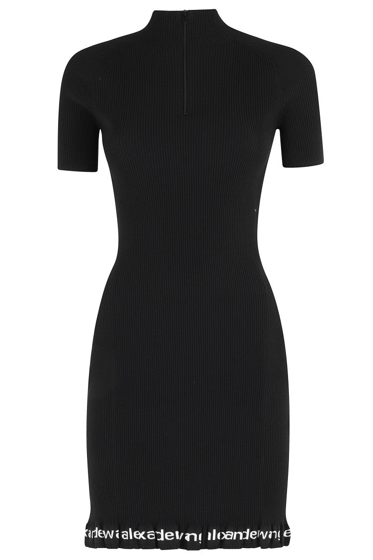 Alexander Wang Black Ribbed Ruffled Logo-Printed Polyamide-Blend Mini Dress