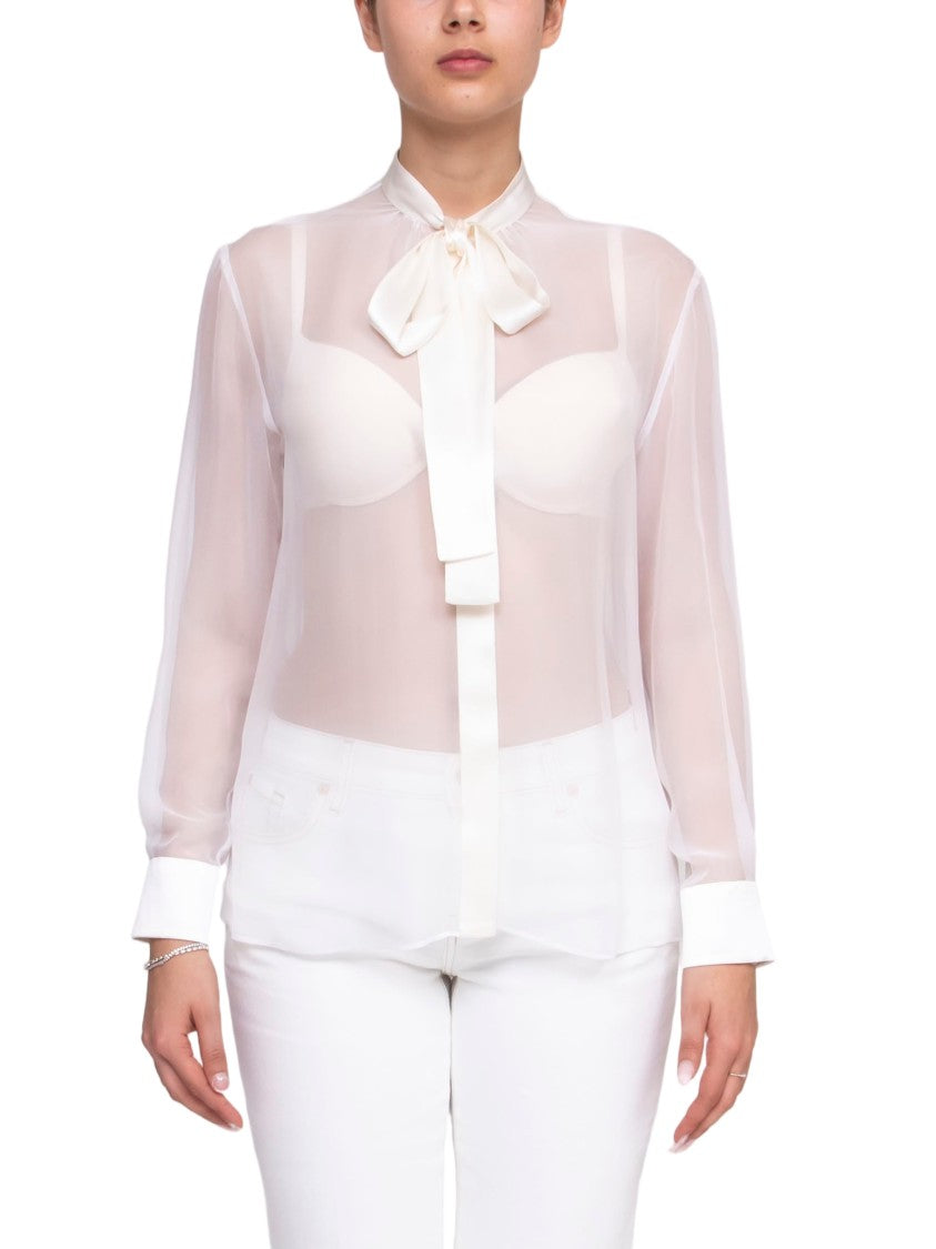 Dolce & Gabbana Translucent Bow-Tie Long-Sleeve Blouse