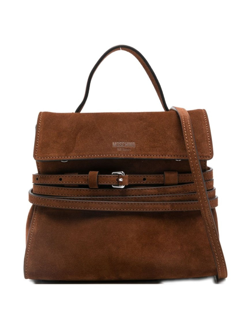 Moschino Structured Brown Suede Top Handle Shoulder Bag With Buckle Detail