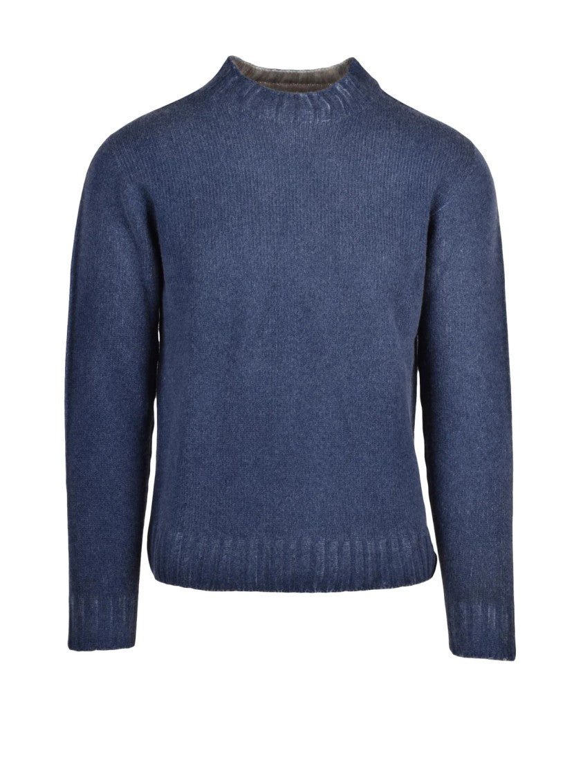 Bob Blue/Beige Virgin Wool Two-Tone Crewneck Sweater